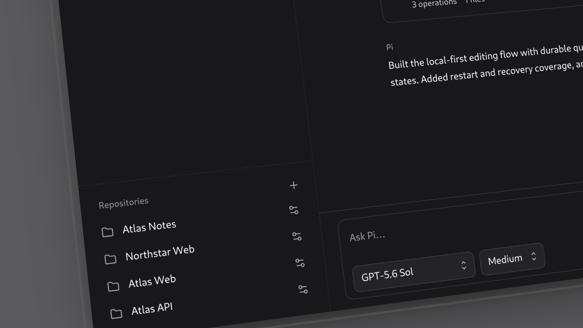 Pi Workspace repository list showing Atlas Notes, Northstar Web, Atlas Web and Atlas API